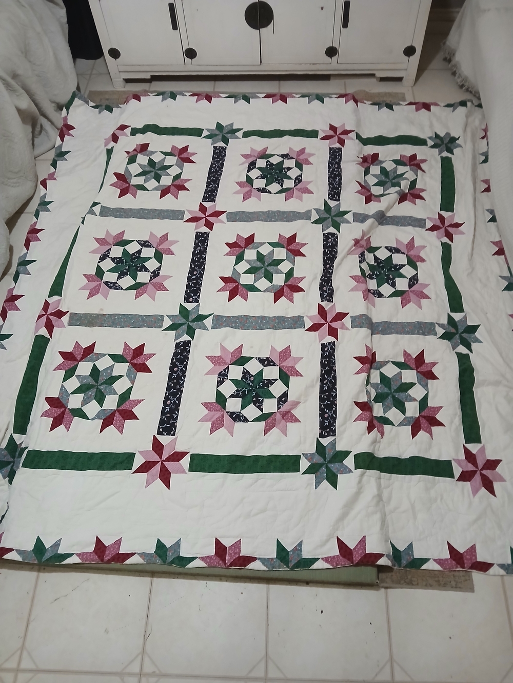 Vintage Texas Star Block Quilt Feedsack Hand Pieced  80 x 77  Southern Folk Art